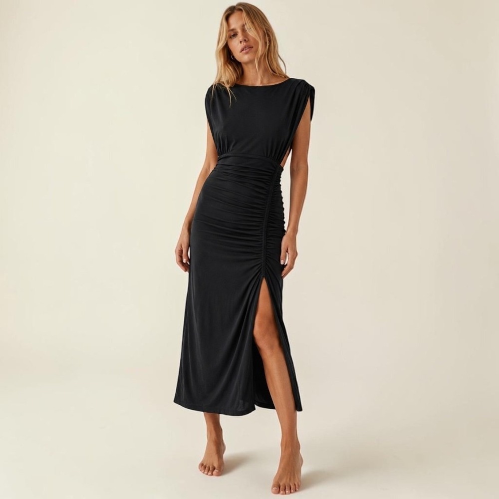 Free People Landslide Ruched Open Back Midi Dress Sz S Black